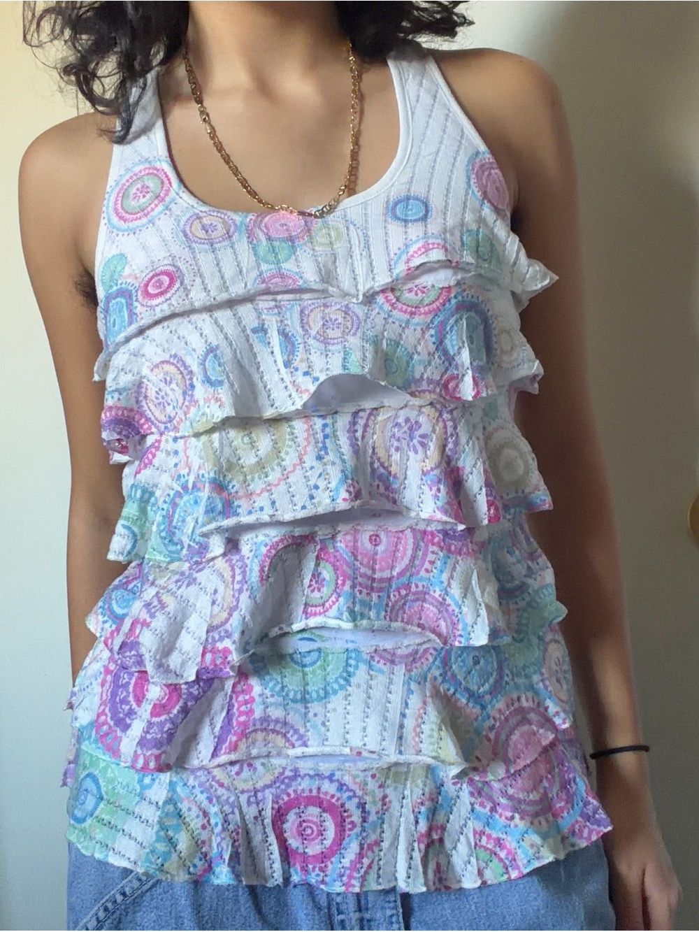 love J White Ruffle Tank with Pastel Multicolor Medallions
